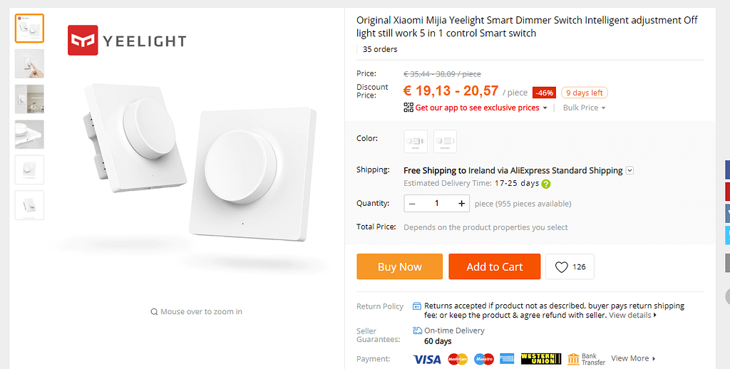 BT Connected Intelligent Wall Switch Dimmbar Q7S1 Yeelight 3,3 V 80 W max.